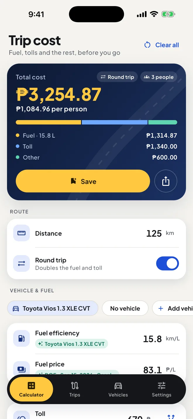 Calculator with the trip total and breakdown