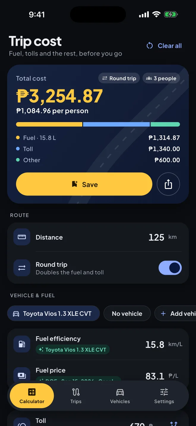 The calculator in dark mode