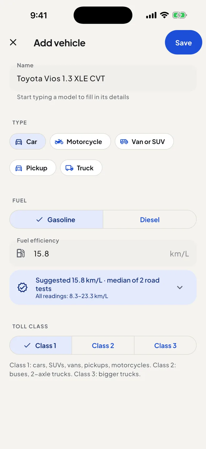 Adding a vehicle with a suggested km per liter